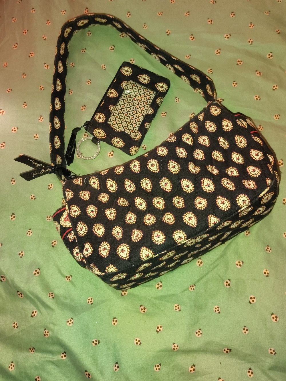 Vera Bradley Black Quilted Floral Shoulder Bag with Card Holder